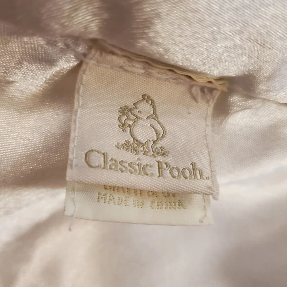 Classic Winnie The Pooh Cream Ivory Ecru Deep Plush Baby Blanket Satin Patch